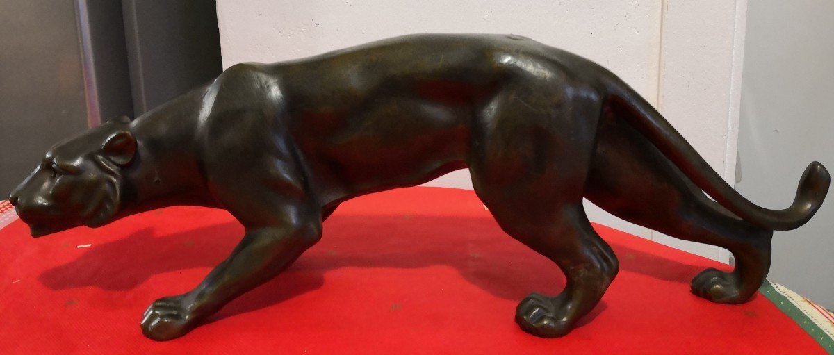 Sculpture En Bronze - Lionne à l'Affût - école Française  Vers 1930