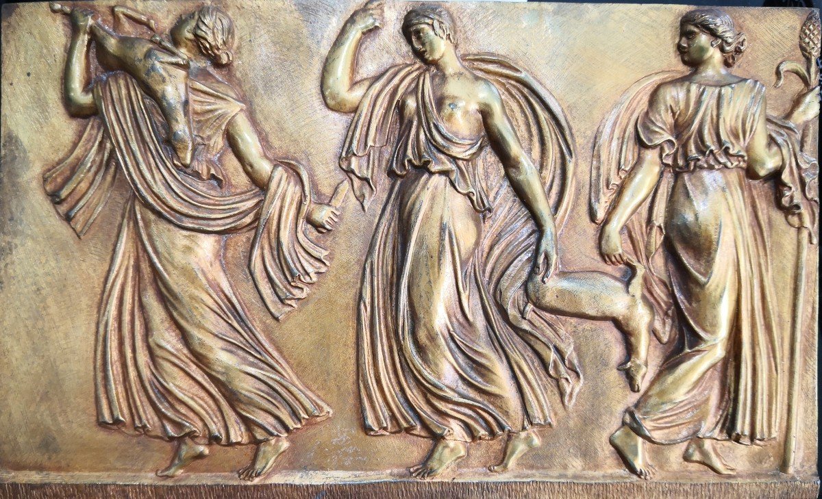 Gilt Bronze Plate In Relief - Three Bacchanals In Feast