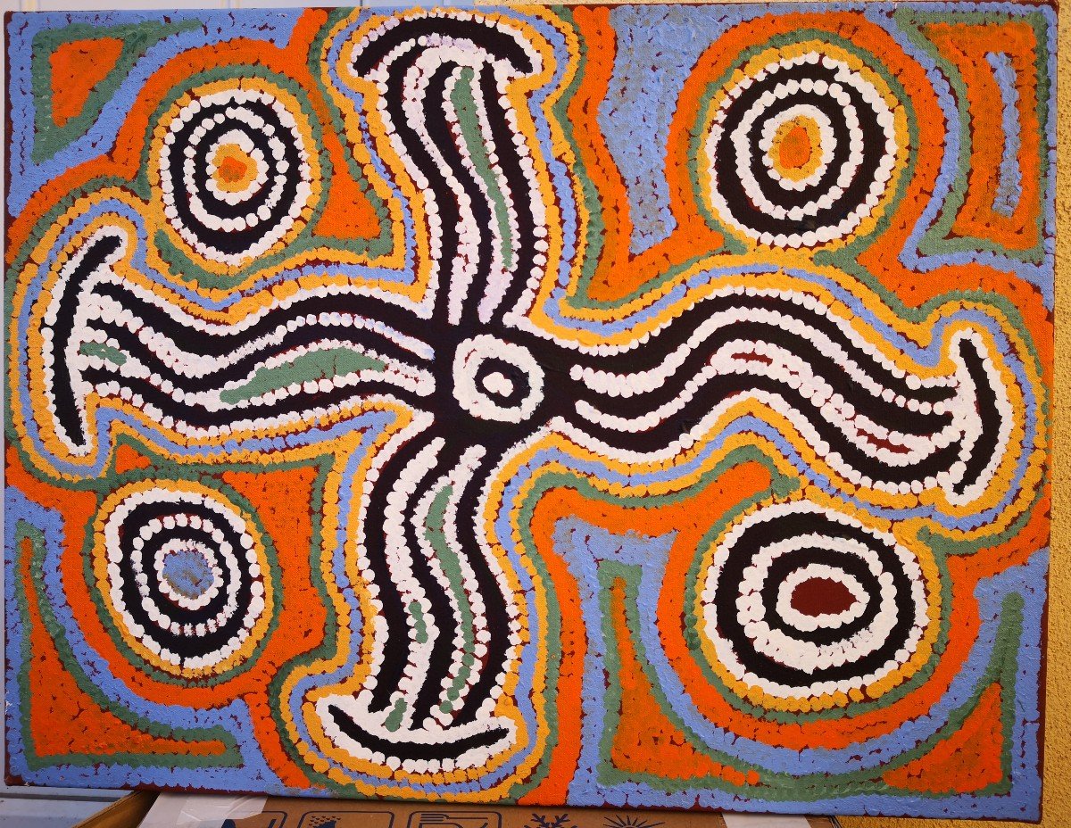 Bessie Nakamarra Sims  (1932-2012) Artiste Aborigène - Intit. "rêve De La Carotte Buissonnante"-photo-2