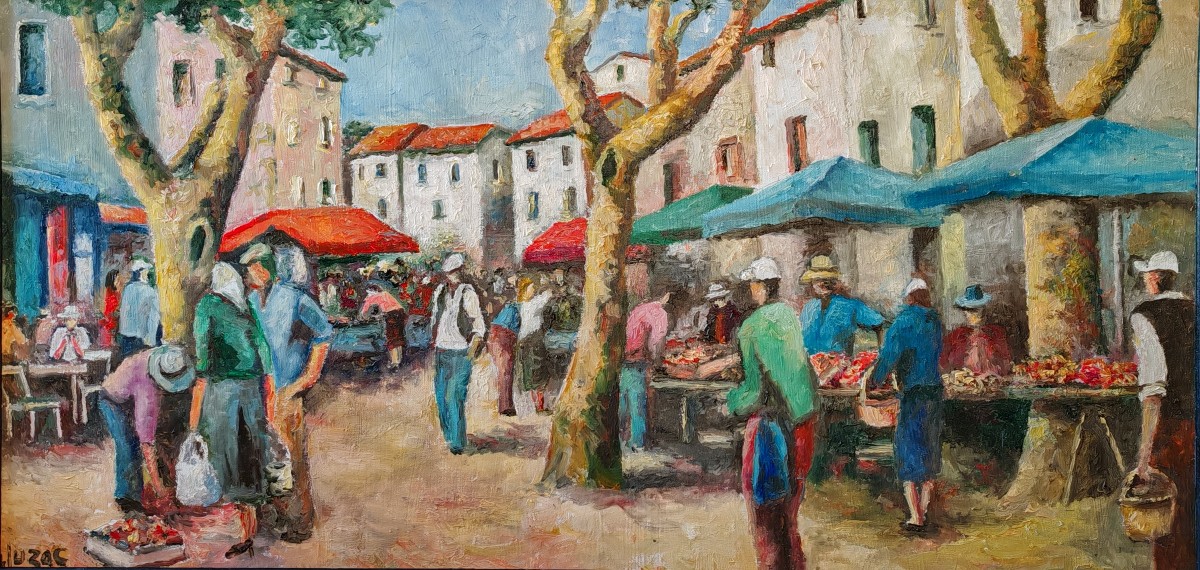 Vie des Marchés de Village en Provence - Huile sur toile Signé Gluzac (1952-2023) - P11
