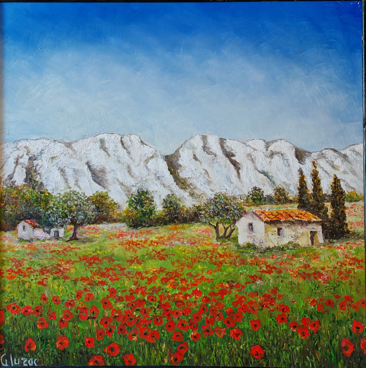 Poppies And Olive Trees At The Foot Of The Alpilles - Oil On Canvas Signed Gluzac (1952-2023) -