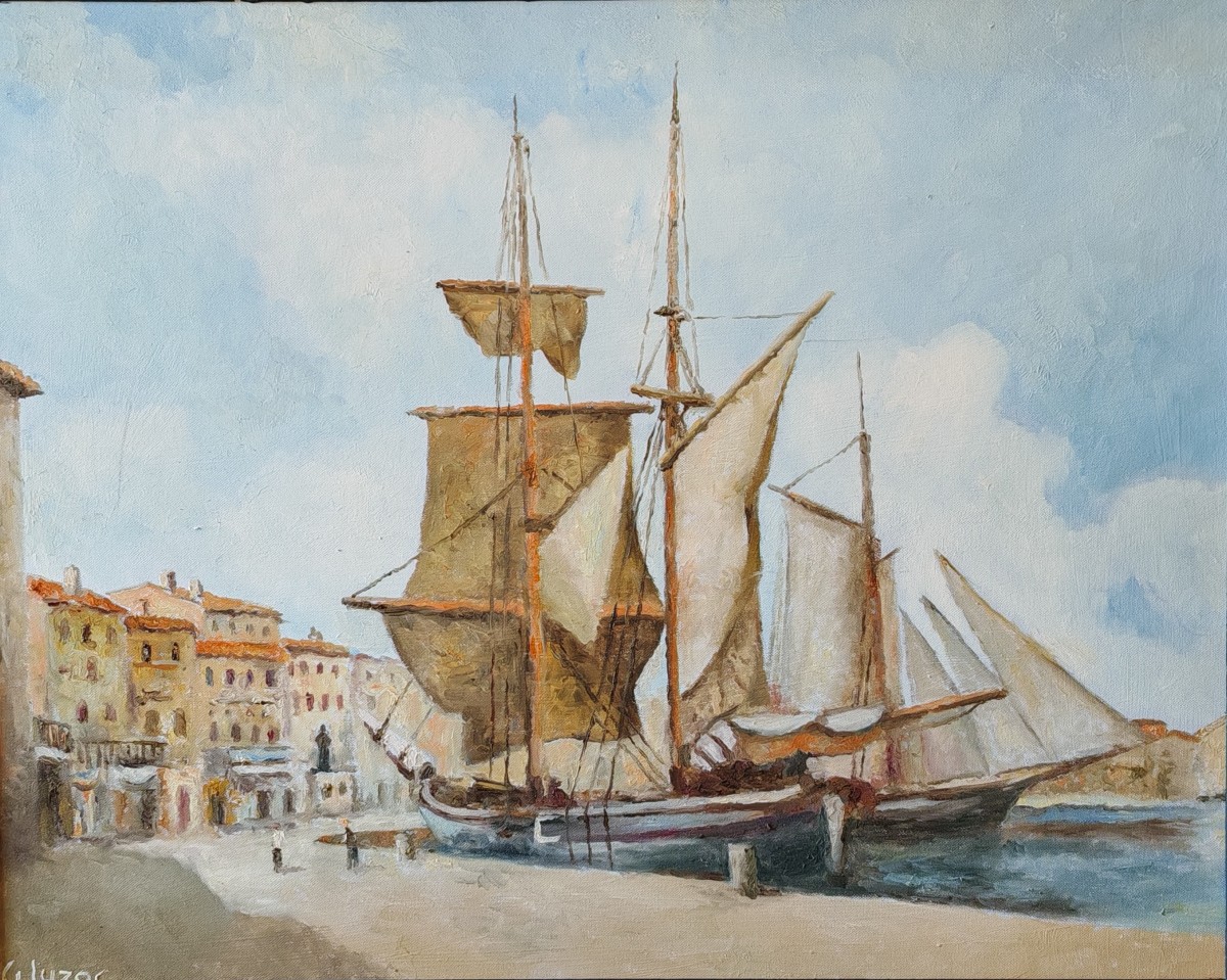 Tall Ships In The Port Of Saint Tropez - Oil On Canvas Signed Gluzac (1952-2023) Ref M12