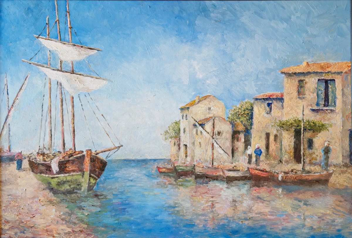 Grand Voilier au Port  - Huile sur toile Signé Gluzac (1952-2023)  Réf M17