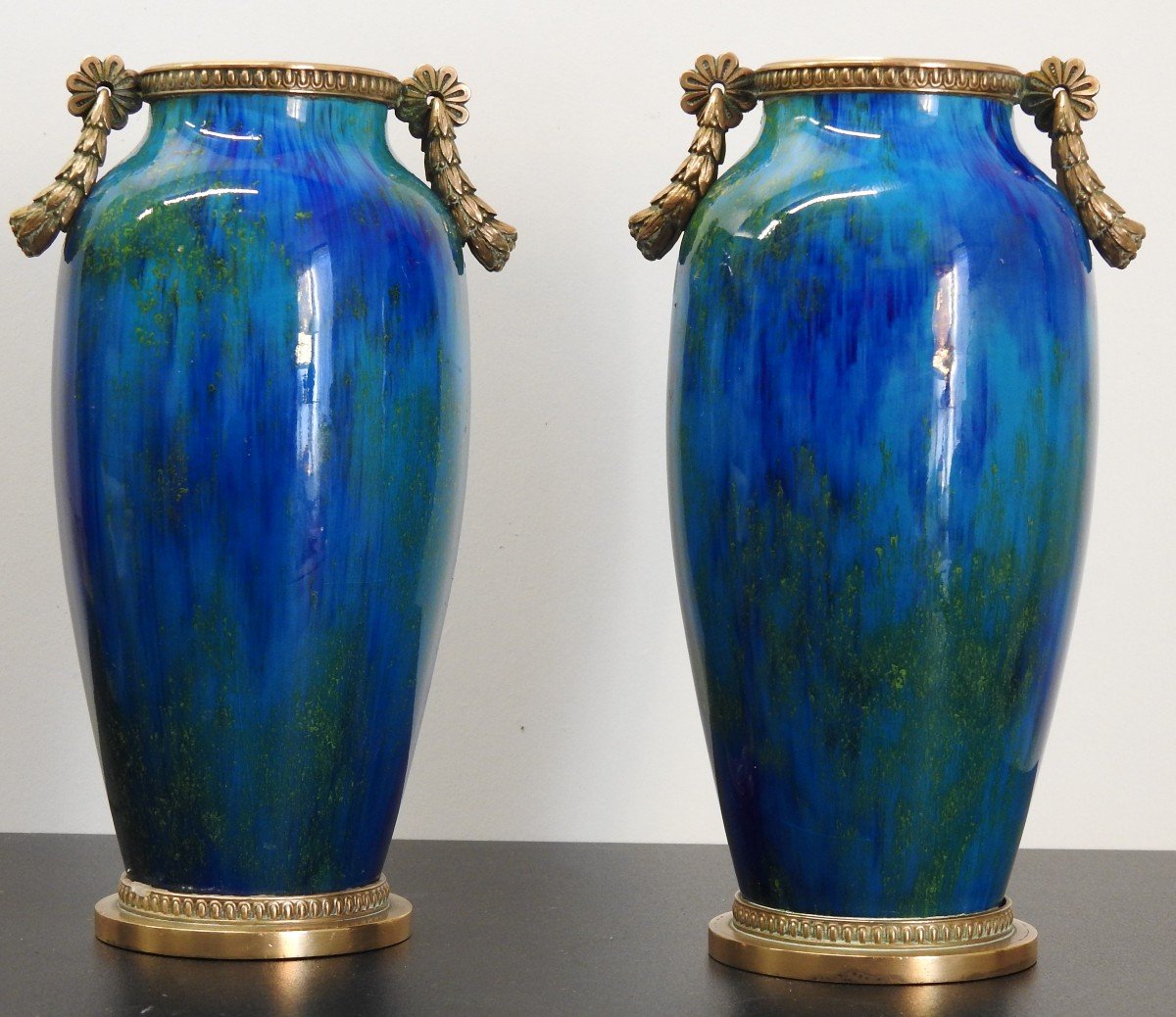 Sévres - France - Paire De Vases En Faïence Glacurée Bleue Et Verte