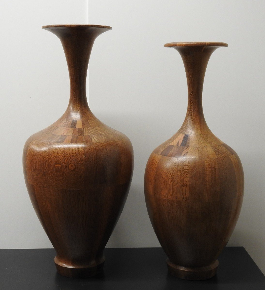 Belgium - Kortrijk - Atelier d'Art Decoene - Pair Of Large Vases In Wood Marquetry