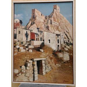 Jean Thomas (1923-2019) Huile Sur Toile -"sicile - Village Et Ruines De Sperlinga" 