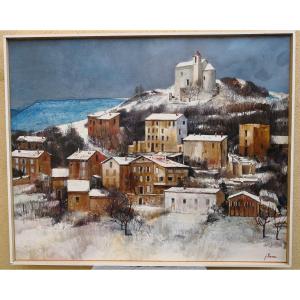 Jean Thomas (1923-2019) Huile Sur Toile -"provence - Neiges Sur Comps-sur-artuby" 