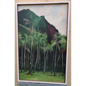 Jean Thomas (1923-2019) Huile sur Toile -"Polynésie - Tahiti  - Palmeraie Près De Faratea" 