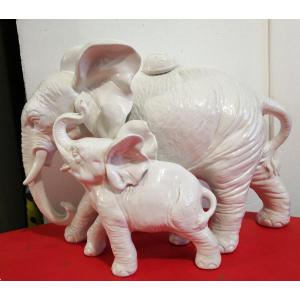 Elephant And His Cub - Group In Glazed Ceramic