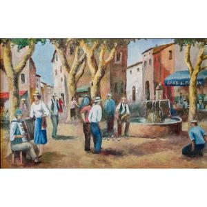 Vie de Village en Provence - Huile sur toile Signé Gluzac (1952-2023) P8