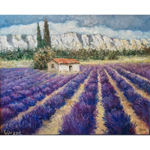 Champs de Lavande dans les Alpilles - Huile sur toile Signé Gluzac (1952-2023)  Réf A15