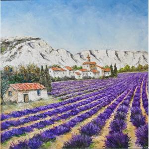 Champs de Lavande aux pieds des Alpilles - Huile sur toile Signé Gluzac (1952-2023)  Réf A23