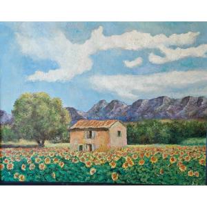 Champs de Tournesols en Provence - Huile sur toile Signé Gluzac (1952-2023)  Réf A22