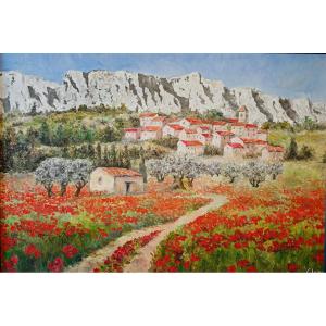 Village Provençal aux pieds des Alpilles - Huile sur toile Signé Gluzac (1952-2023)  Réf A1