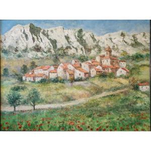 Village de Provence aux pieds des Alpilles - Huile sur toile Signé Gluzac (1952-2023)  Réf A27