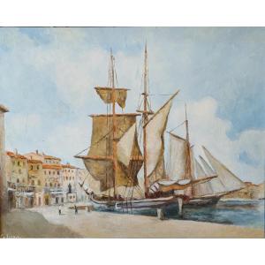 Grand Voiliers dans le Port de Saint Tropez - Huile sur toile Signé Gluzac (1952-2023)  Réf M12