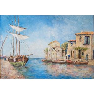 Grand Voilier au Port  - Huile sur toile Signé Gluzac (1952-2023)  Réf M17