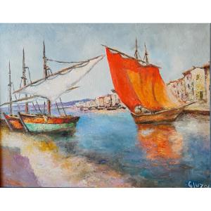 La Voile Orangée  - Huile sur toile Signé Gluzac (1952-2023)  Réf M19