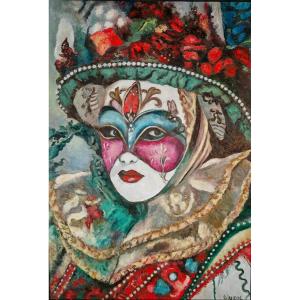 Masque de Venise- Huile sur toile Signé Gluzac (1952-2023)  Réf V11