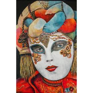 Masque de Venise- Huile sur toile Signé Gluzac (1952-2023)  Réf V13
