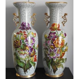 Pair Of Large Celadon Porcelain Vases With Floral Decor