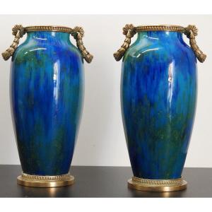 Sévres - France - Pair Of Blue And Green Glazed Earthenware Vases