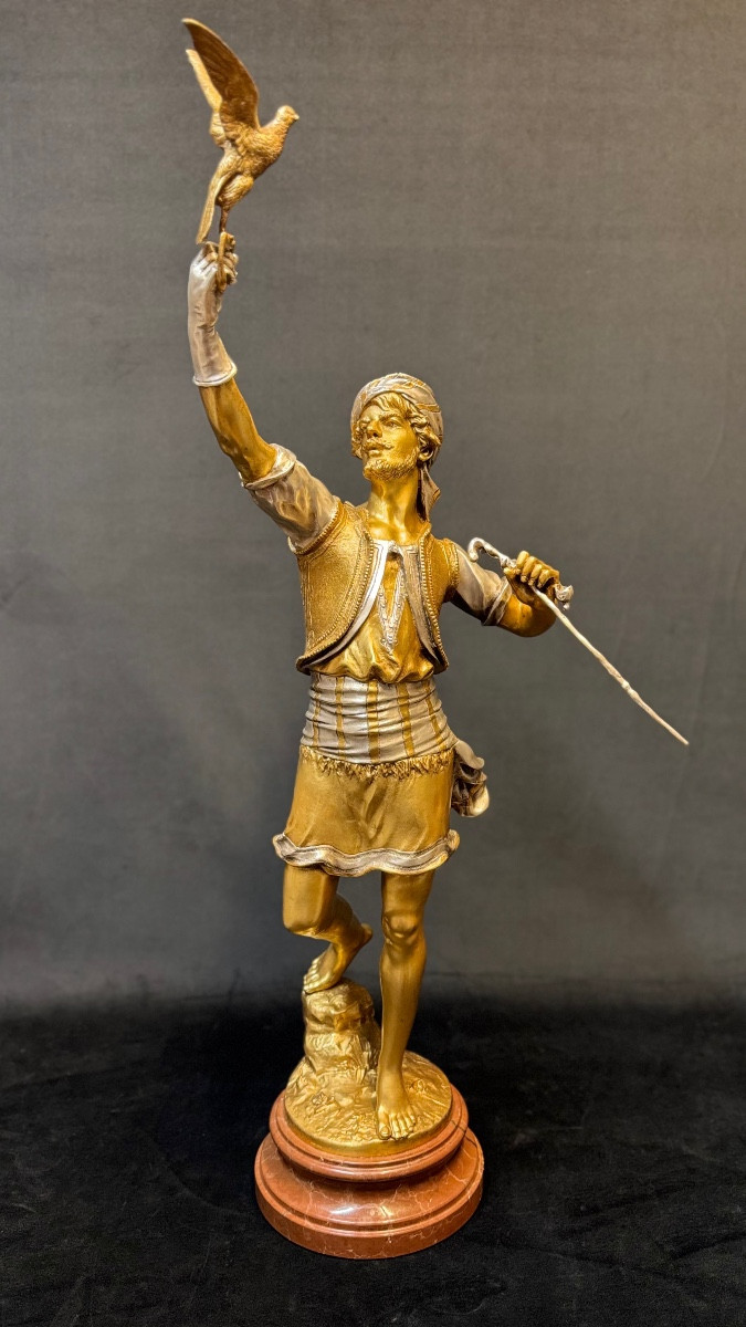 Bronze orientaliste « Le fauconnier » de Marcel Debut , 84 centimètres.-photo-2