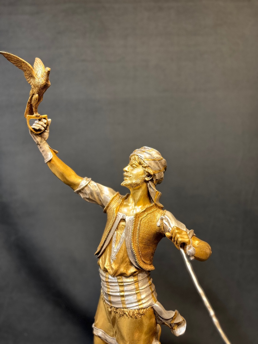 Bronze orientaliste « Le fauconnier » de Marcel Debut , 84 centimètres.-photo-5