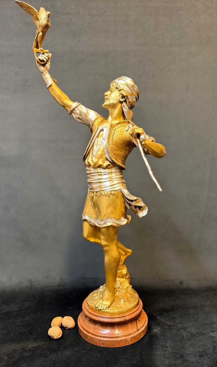 Bronze orientaliste « Le fauconnier » de Marcel Debut , 84 centimètres.-photo-8
