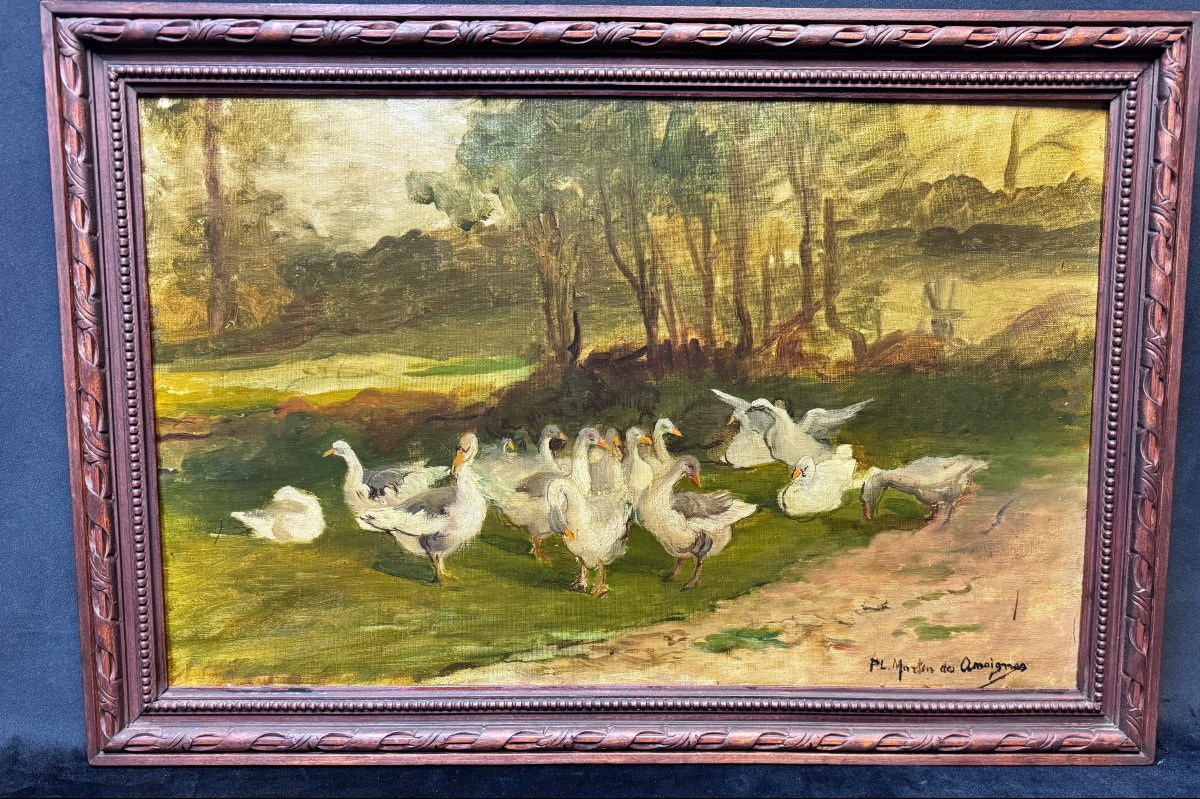 Tableau "Troupe d’oies dans un paysage champêtre ” de  Martin des Amoignes
