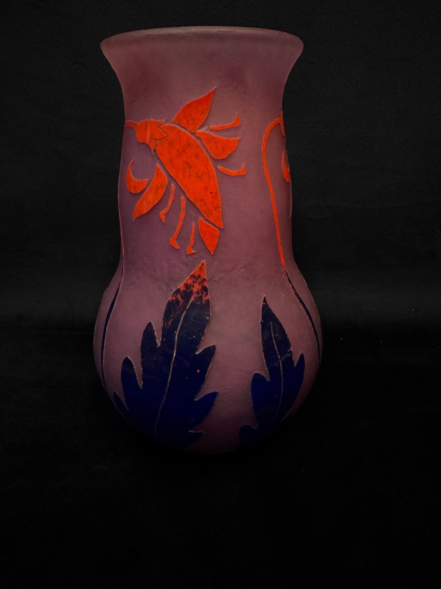 Art Deco Glass Paste Vase Signed Degue, 23 Cm-photo-1