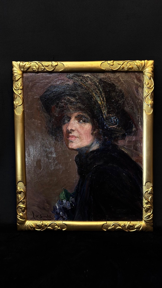 Oil On Canvas “portrait” Of Aurélia Della Corte Szvatek, 20th Century -photo-2