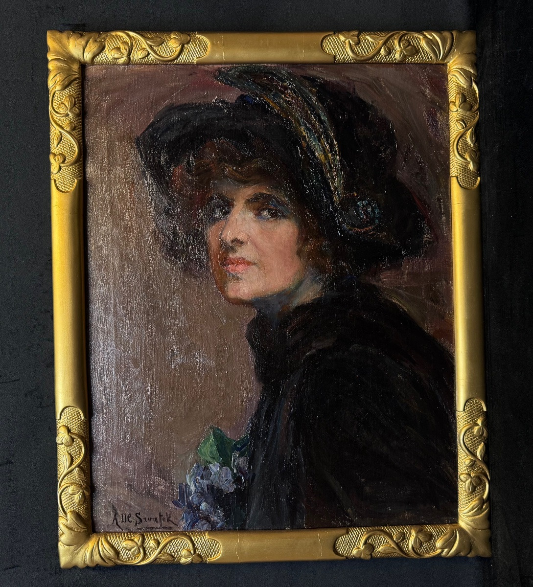 Oil On Canvas “portrait” Of Aurélia Della Corte Szvatek, 20th Century -photo-3