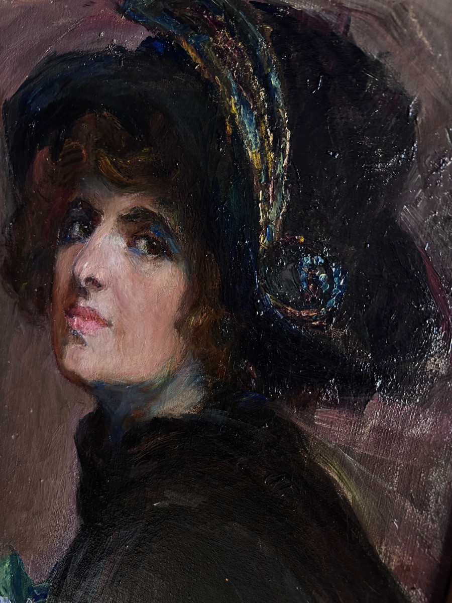 Oil On Canvas “portrait” Of Aurélia Della Corte Szvatek, 20th Century -photo-1