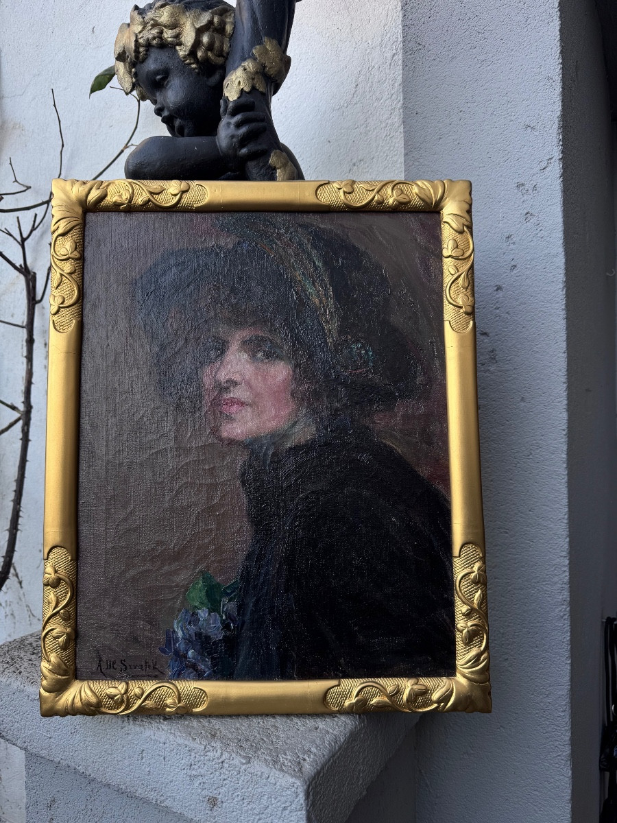 Oil On Canvas “portrait” Of Aurélia Della Corte Szvatek, 20th Century 