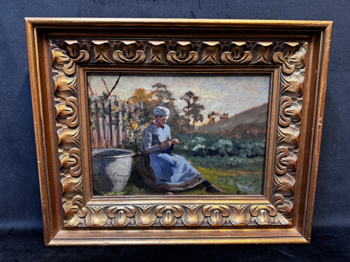 Jeune paysanne  au travail d’aiguille signé Dehery, 1888, dédicacé à Pierre-Emmanuel Damoye-photo-2