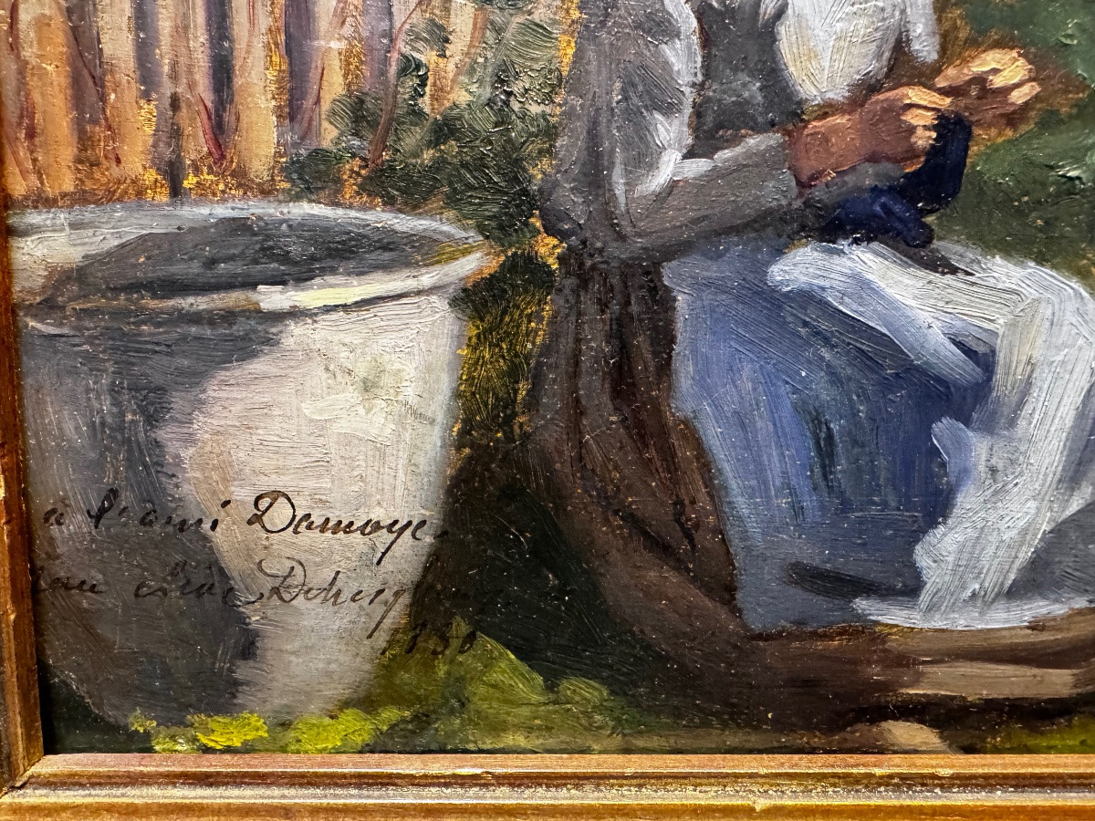 Jeune paysanne  au travail d’aiguille signé Dehery, 1888, dédicacé à Pierre-Emmanuel Damoye-photo-3