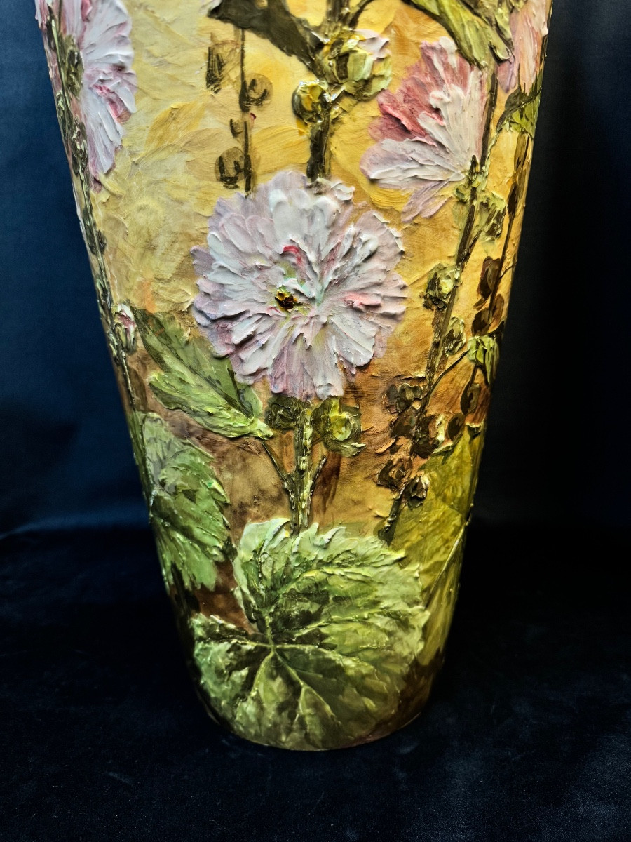 Monumental Art Nouveau Vases By Delphin Massier Vallauris – Signed Pair – High-relief Floral De-photo-3