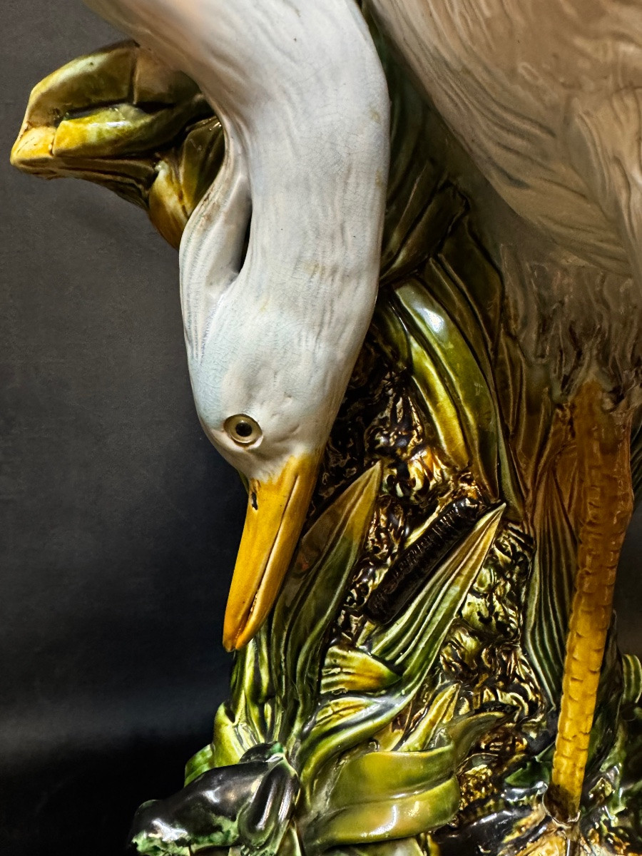 Belgian Art Nouveau Glazed Stoneware – Naturalistic Heron With Integrated Flower Holder – Early 20th Century – 65 Cm-photo-2