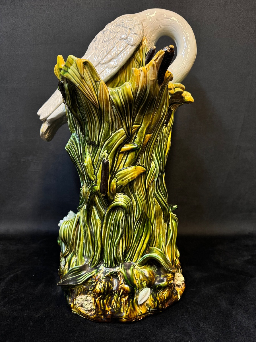Belgian Art Nouveau Glazed Stoneware – Naturalistic Heron With Integrated Flower Holder – Early 20th Century – 65 Cm-photo-1
