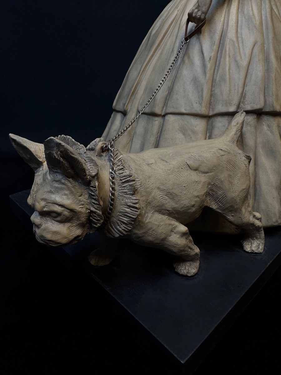 Art Deco – Terracotta Sculpture Signed Guido Cacciapuoti – Italy – Woman With Bulldog – H-photo-4