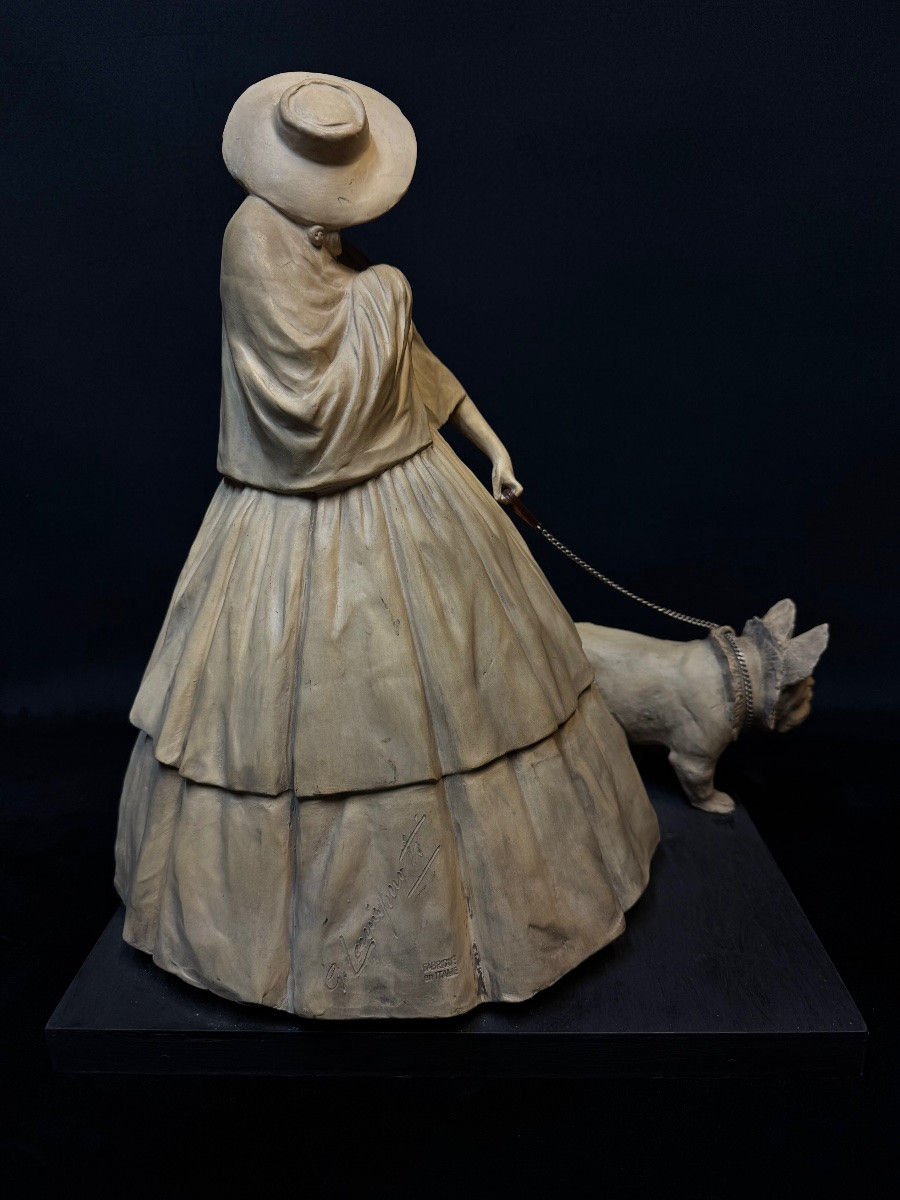 Art Deco – Terracotta Sculpture Signed Guido Cacciapuoti – Italy – Woman With Bulldog – H-photo-1