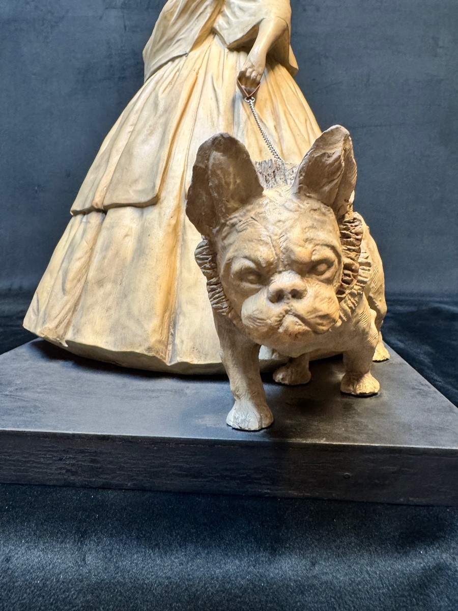 Art Deco – Terracotta Sculpture Signed Guido Cacciapuoti – Italy – Woman With Bulldog – H-photo-3