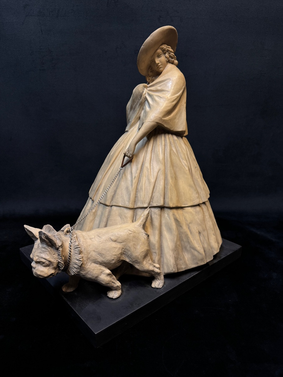Art Deco – Terracotta Sculpture Signed Guido Cacciapuoti – Italy – Woman With Bulldog – H