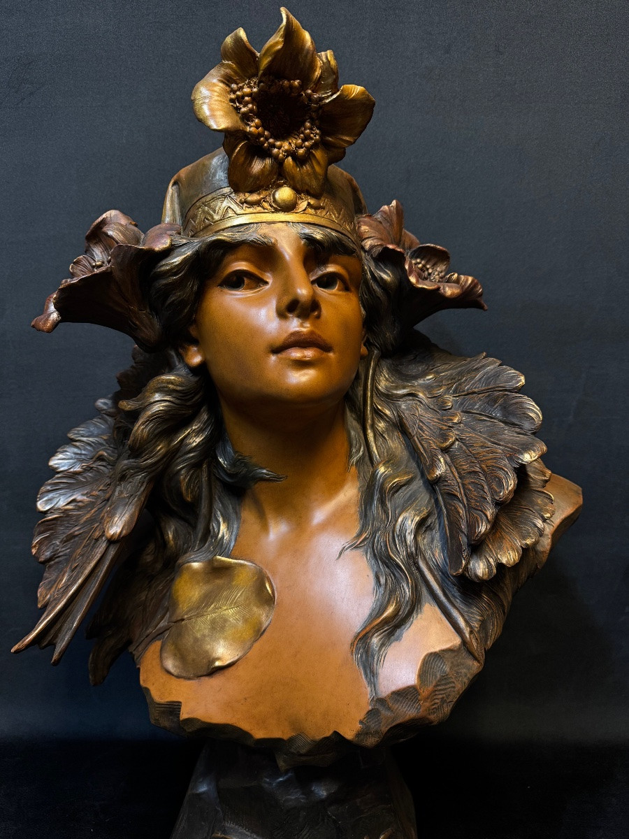 Art Nouveau Terracotta Bust Of Semiramis – Signed Foretay, Swiss Sculptor – H. 69 Cm-photo-3