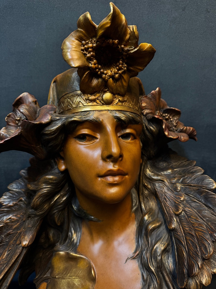 Art Nouveau Terracotta Bust Of Semiramis – Signed Foretay, Swiss Sculptor – H. 69 Cm-photo-4
