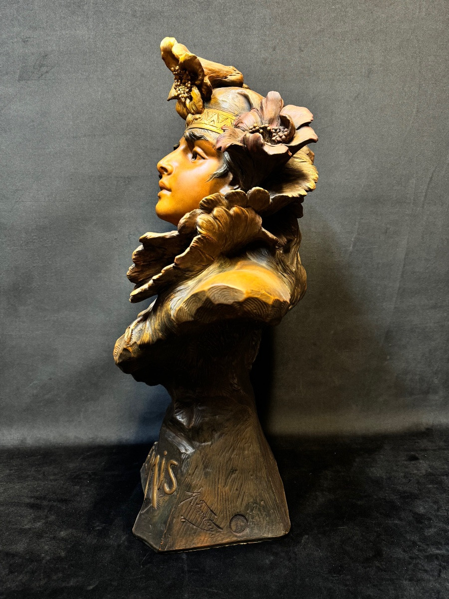 Art Nouveau Terracotta Bust Of Semiramis – Signed Foretay, Swiss Sculptor – H. 69 Cm-photo-2
