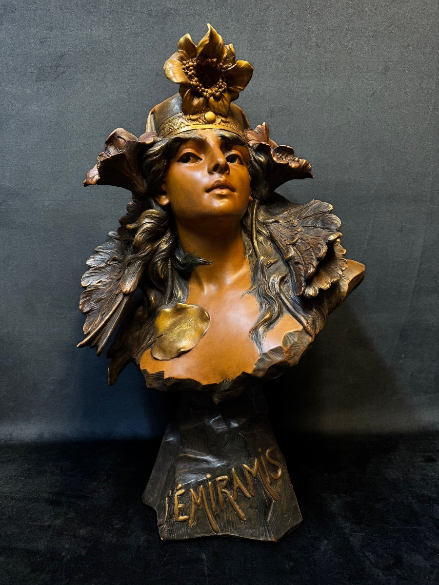 Art Nouveau Terracotta Bust Of Semiramis – Signed Foretay, Swiss Sculptor – H. 69 Cm