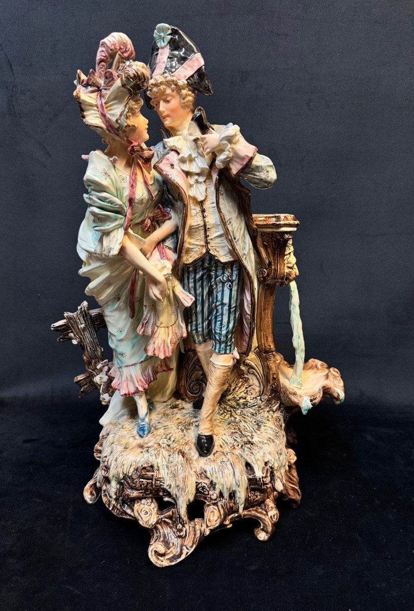 Barbotine- Flowers Pot "the Incredible Of The Directory And His Companion", 51 Cm