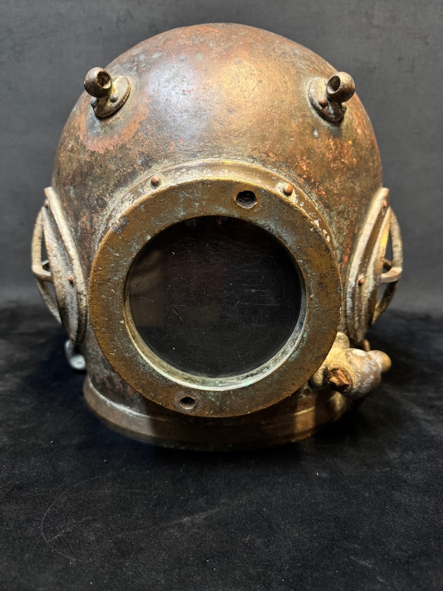 Casque de scaphandrier ancien en cuivre et laiton -photo-2